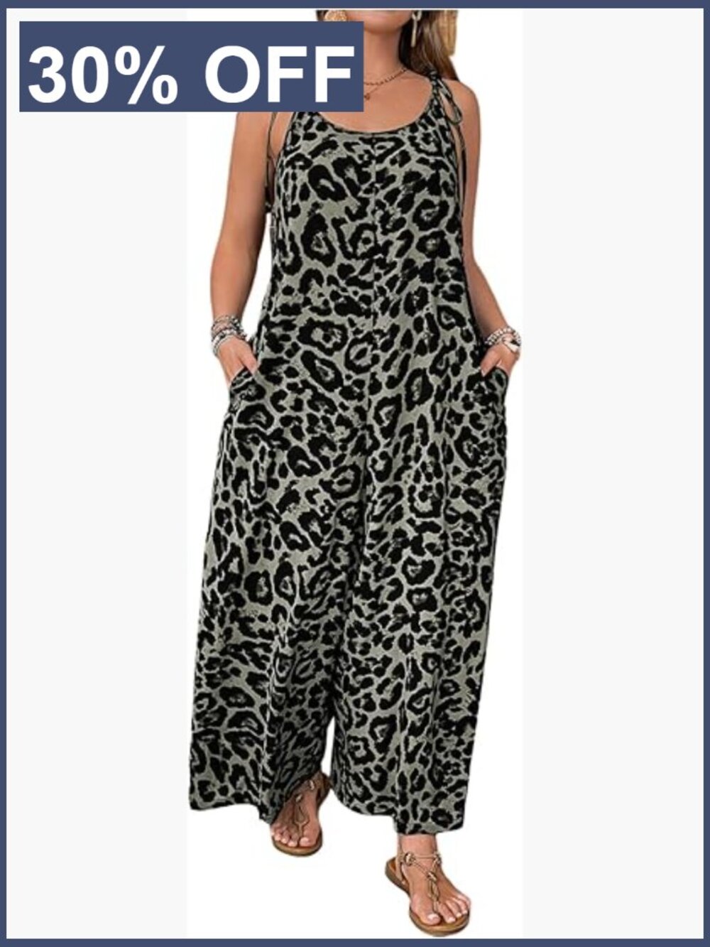 Plus Size Leopard Print Tie Shoulder Jumpsuit Long Pants Romper with Pocket